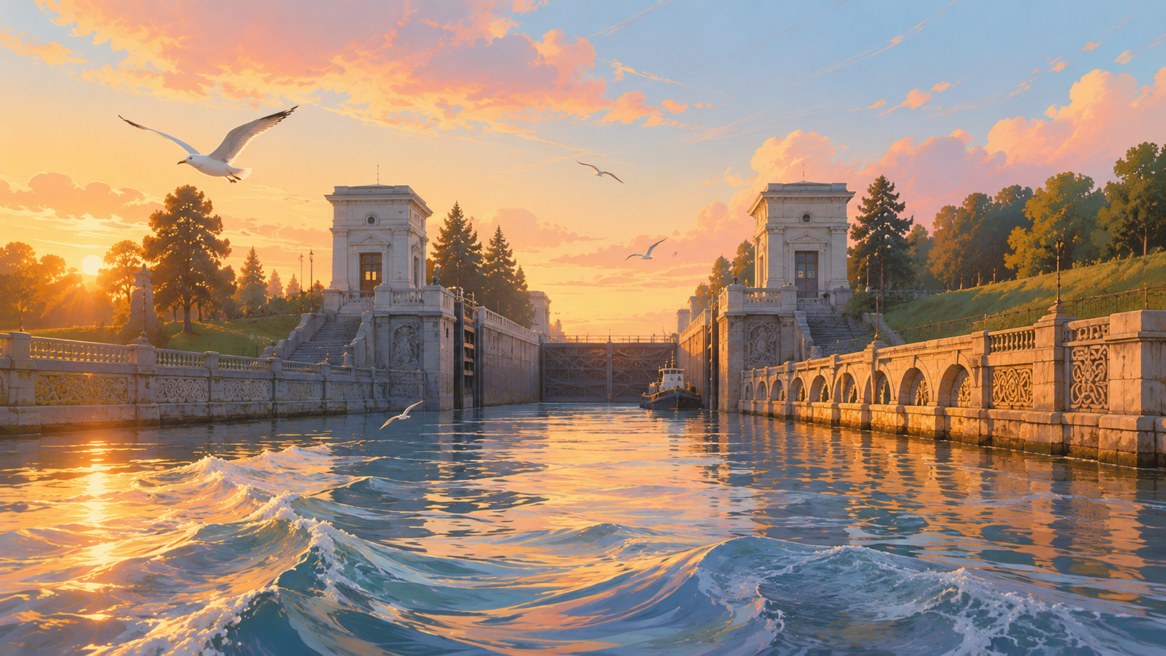 Московские шлюзы на закате, вода и архитектура канала